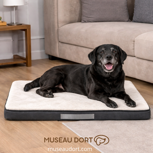 Lit orthopédique pour chien âgé mince avec labrador noir senior en salon moderne