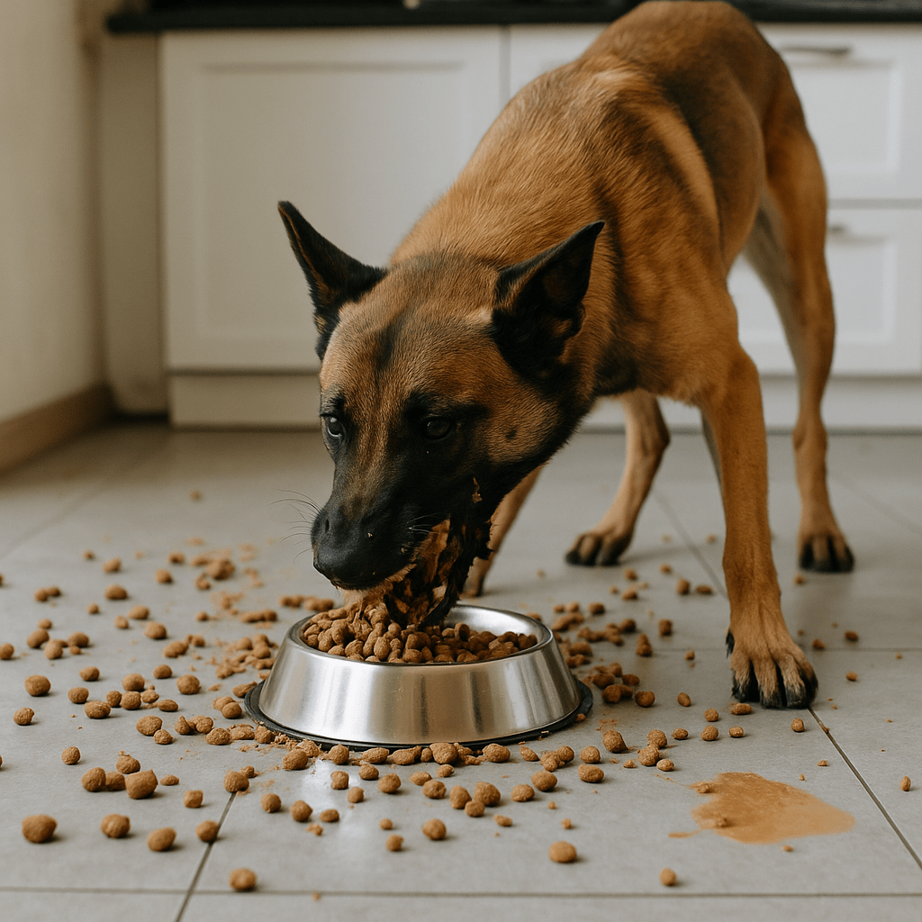 Chien mangeant calmement dans une gamelle au sol, solution pratique pour améliorer l’alimentation quotidienne à la maison.