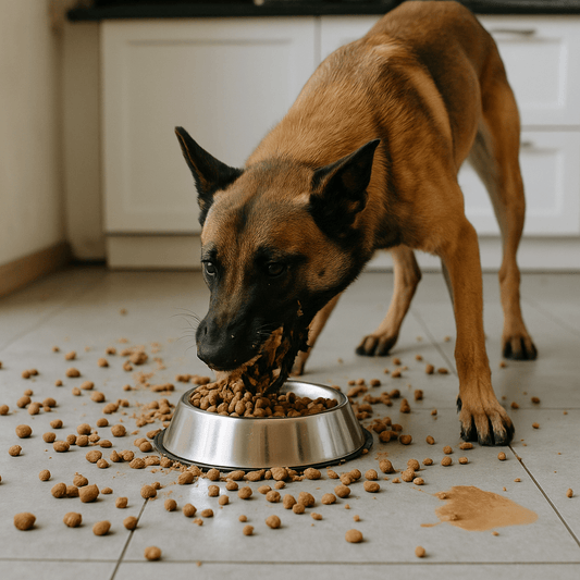 Chien mangeant calmement dans une gamelle au sol, solution pratique pour améliorer l’alimentation quotidienne à la maison.
