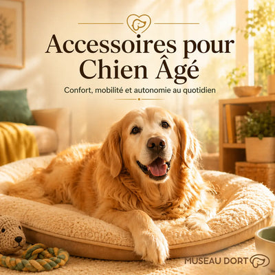Chien âgé heureux sur coussin moelleux dans un salon lumineux – Accessoires pour chien âgé Museau Dort