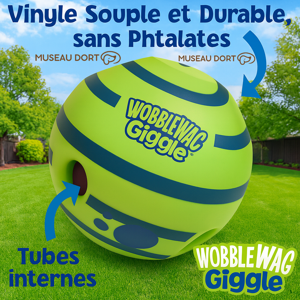 Balle Wobble Wag Giggle en vinyle durable posée sur une pelouse, jouet sonore avec tubes internes pour chien.