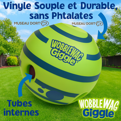 Balle Wobble Wag Giggle en vinyle durable posée sur une pelouse, jouet sonore avec tubes internes pour chien.
