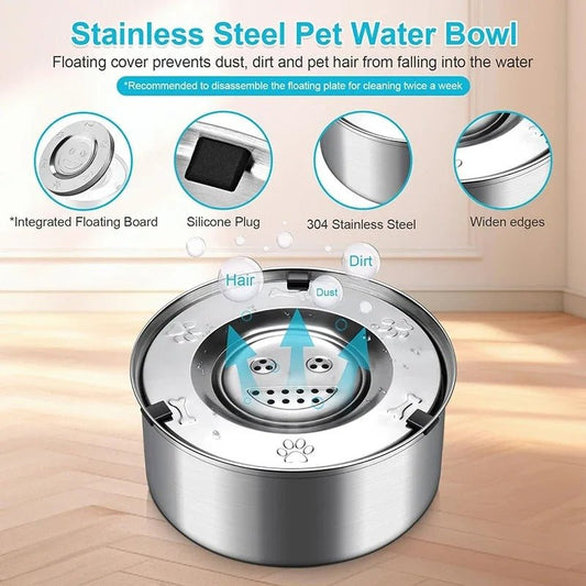 Image d’un bol flottant pour chien en acier inoxydable, conçu pour éviter les éclaboussures d'eau. Disponible chez Museau Dort.
