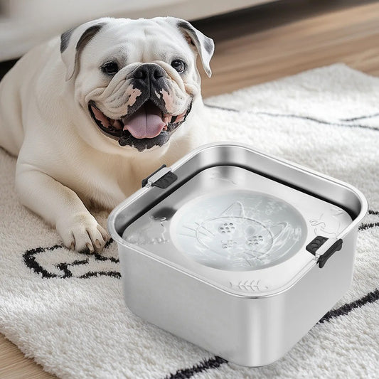 Chien bulldog allongé à côté d’une gamelle en inox anti-éclaboussure de 3L, idéale pour garder l’eau propre et le sol sec. Disponible chez Museau Dort.






