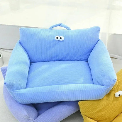 Canapé pour chien bleu en velours côtelé avec rebords épais, adapté au repos quotidien en intérieur – Museau Dort