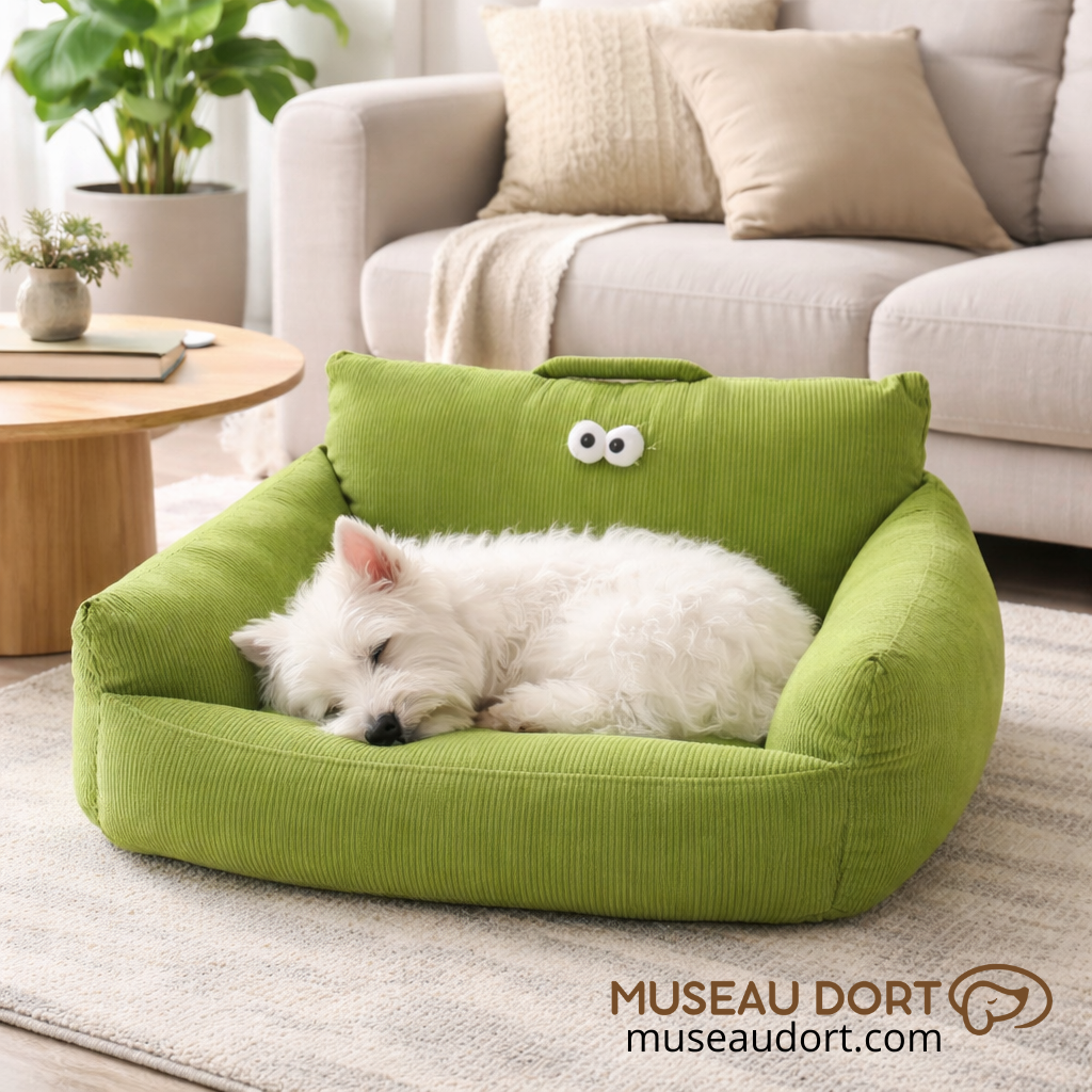 Canapé pour chien vert en velours côtelé avec westie endormi, couchage rassurant pour chien d’intérieur – Museau Dort