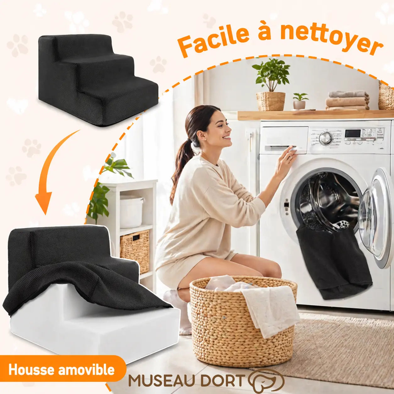 Escalier en mousse pour chien 3 marches avec housse lavable, bon maintien et base antidérapante, Museau Dort
