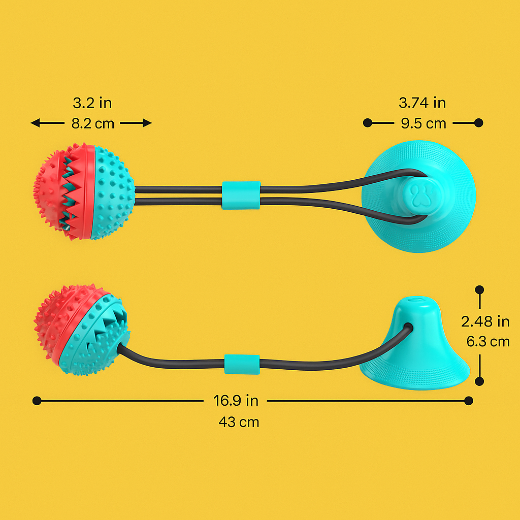 Jouet ventouse interactif pour chien avec mesures en centimètres sur fond jaune. Disponible chez Museau Dort.

