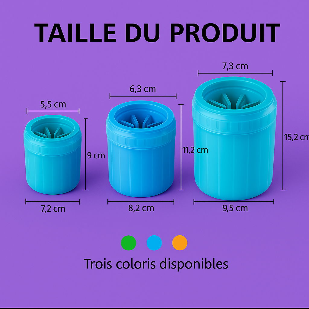 Tableau des tailles du lave-patte pour chien avec dimensions en centimètres et trois coloris – Disponible chez Museau Dort