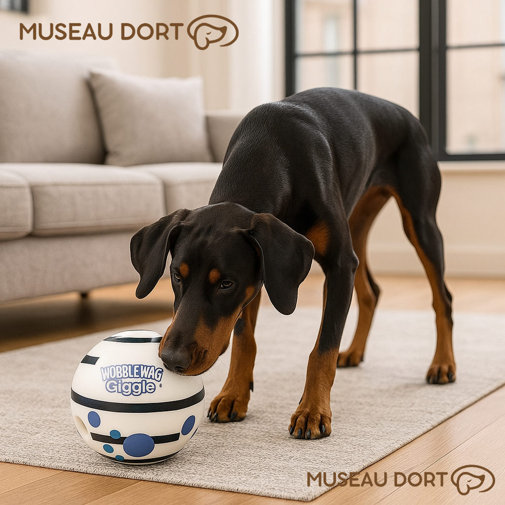 Dobermann jouant avec la balle sonore Wobble Wag Giggle dans un salon moderne, jouet interactif anti-ennui.