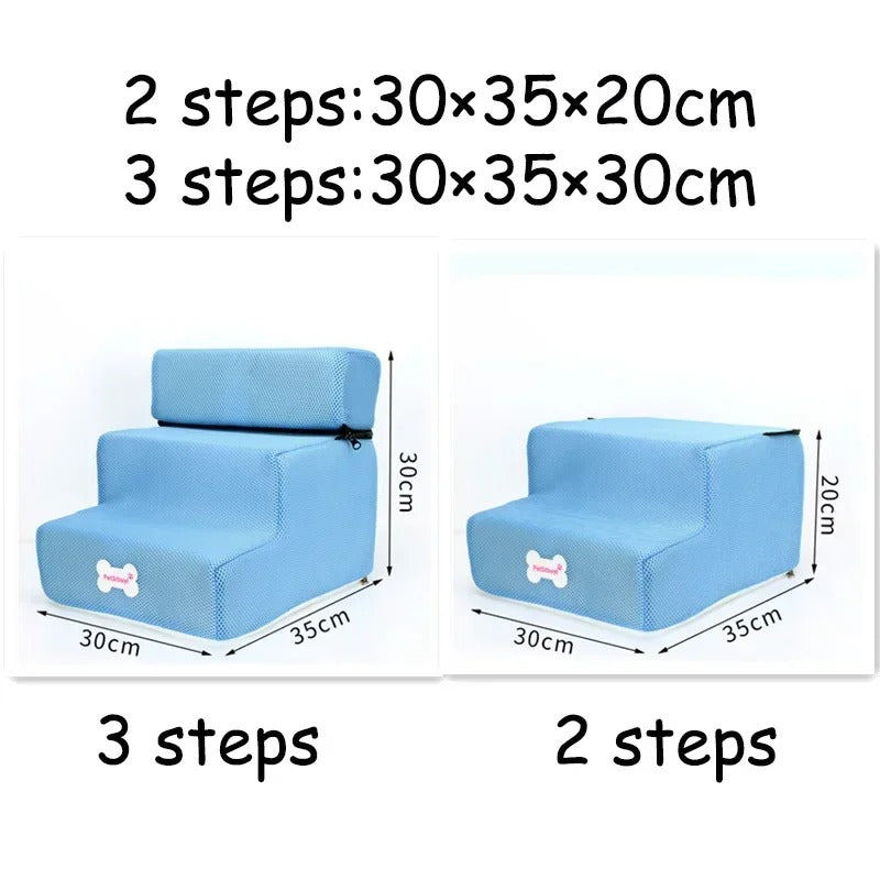 Escalier en mousse bleu pour chiens et chats – Solution douce et stable. Disponible chez Museau Dort.