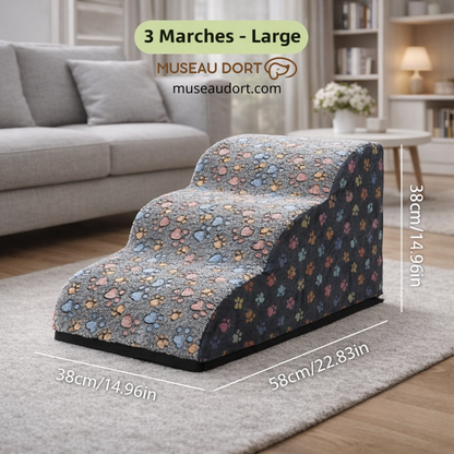 Escalier pour chien 3 marches grande taille, stable et antidérapant, avec dimensions visibles, aide la mobilité au quotidien