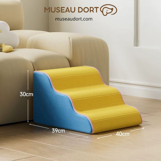 Escalier pour chien 3 marches antidérapant pour petit chien, accès sécurisé au canapé, dimensions visibles, Museau Dort