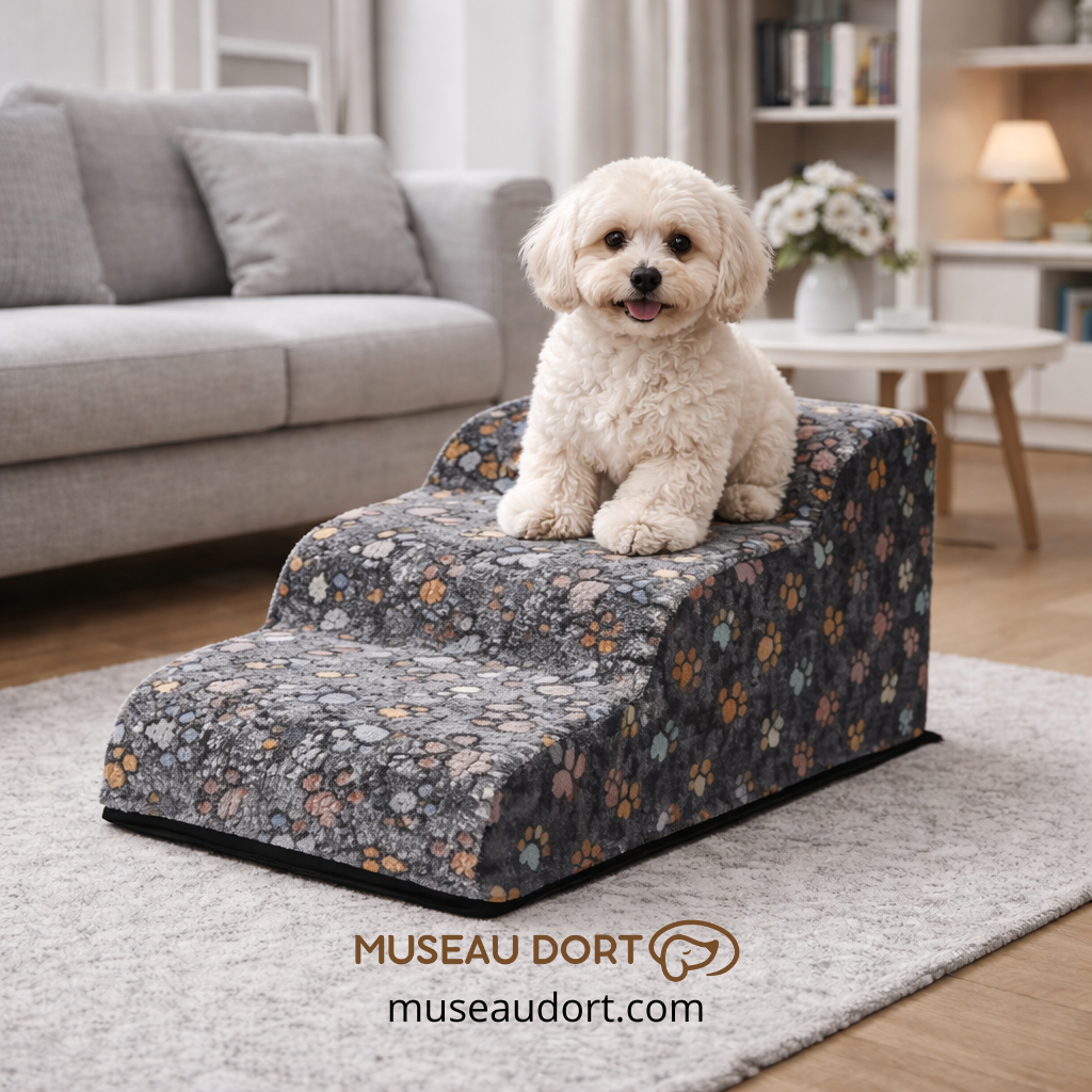 Bichon havanais assis sur un escalier pour chien stable et antidérapant, aide à la mobilité et sécurise l’accès au canapé