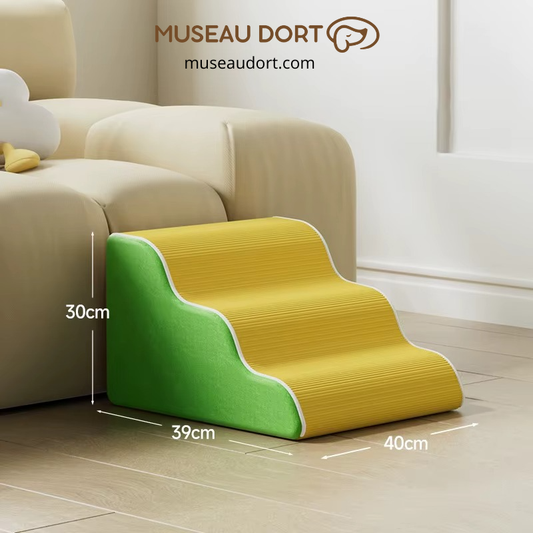 Escalier pour chien intérieur vert et jaune avec inclinaison douce pour préserver les articulations, Museau Dort