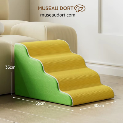 Escalier pour chien intérieur vert et jaune avec marches larges et inclinaison douce pour protéger les articulations, Museau Dort