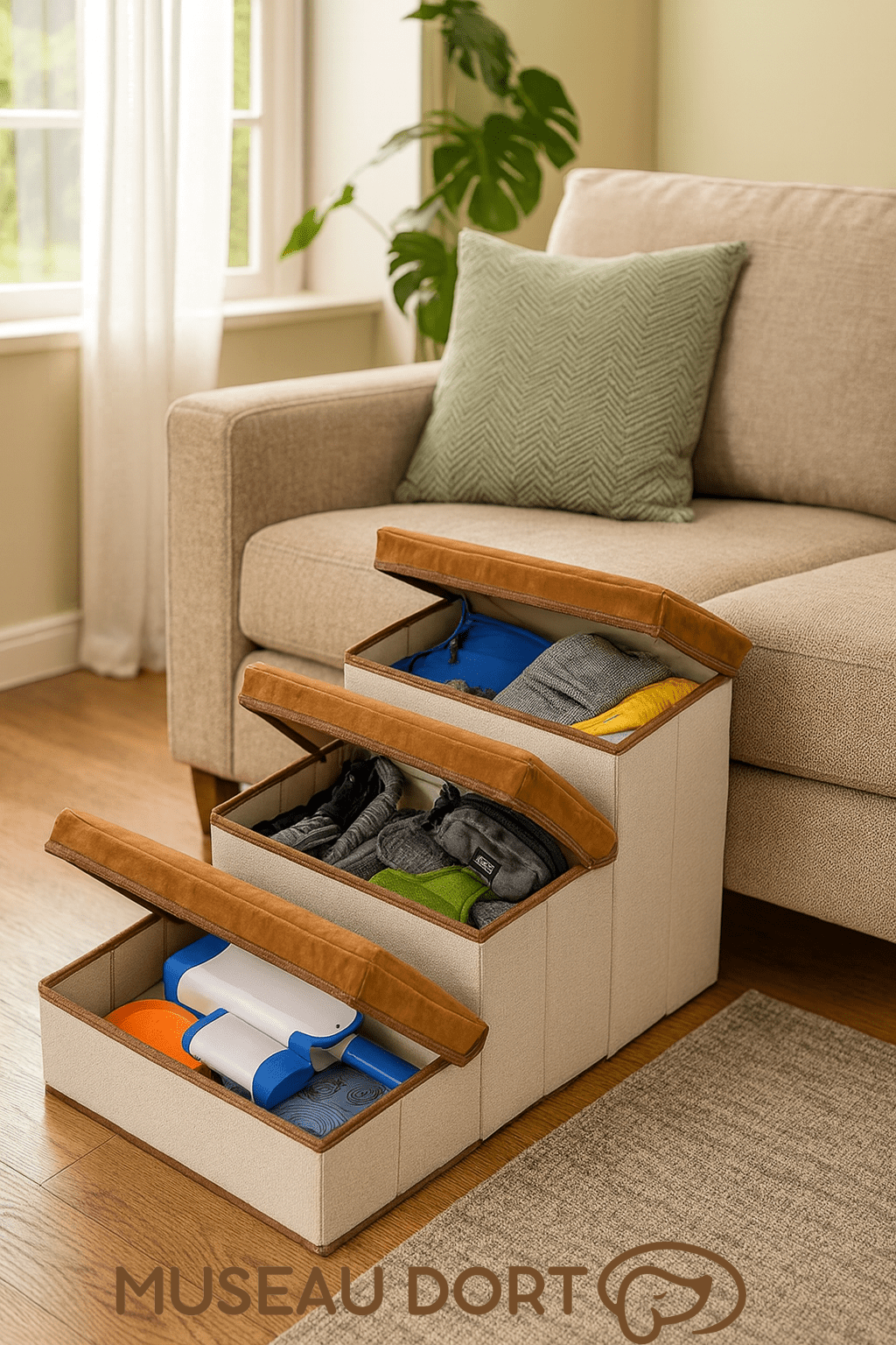 Escalier pour chien pliable avec rangement ouvert, compartiments pratiques pour accessoires, salon moderne français.