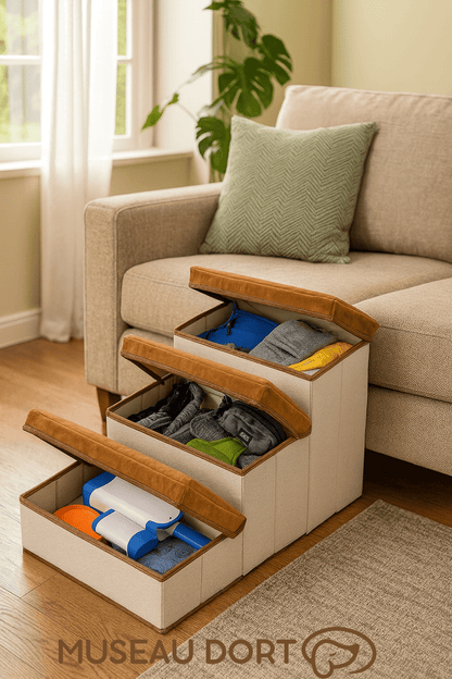 Escalier pour chien pliable avec rangement ouvert, compartiments pratiques pour accessoires, salon moderne français.