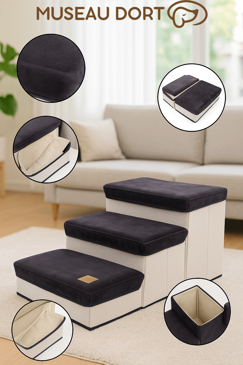 Escalier pour chien pliable avec rangement, détails des compartiments intégrés et finitions, intérieur moderne, Museau Dort