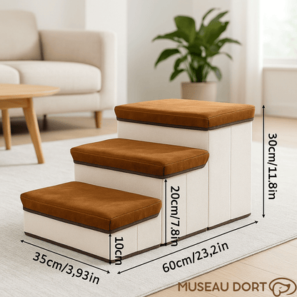 Escalier pour chien pliable avec rangement, dimensions 60 cm par 30 cm, hauteur progressive, salon moderne, Museau Dort