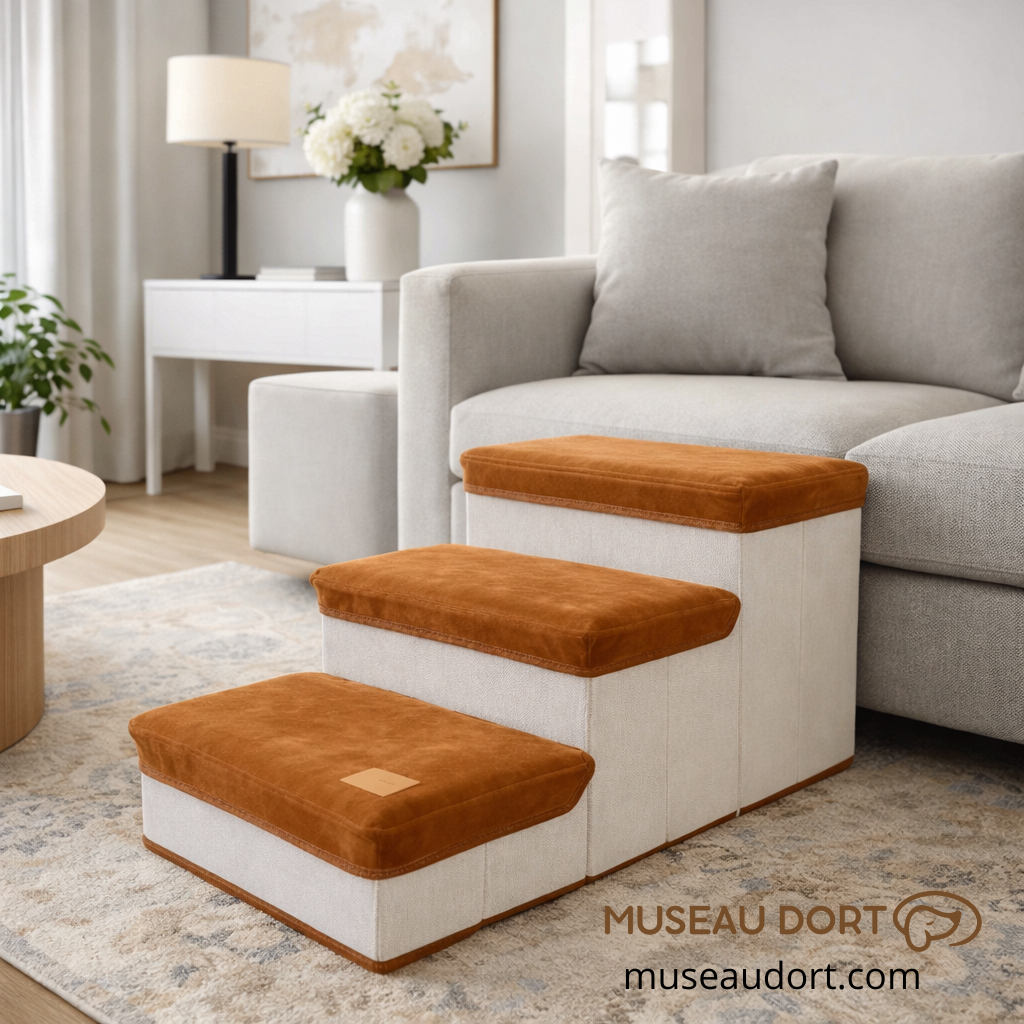 Escalier pour chien pliable avec rangement installé dans un salon moderne français, accès sécurisé au canapé, Museau Dort