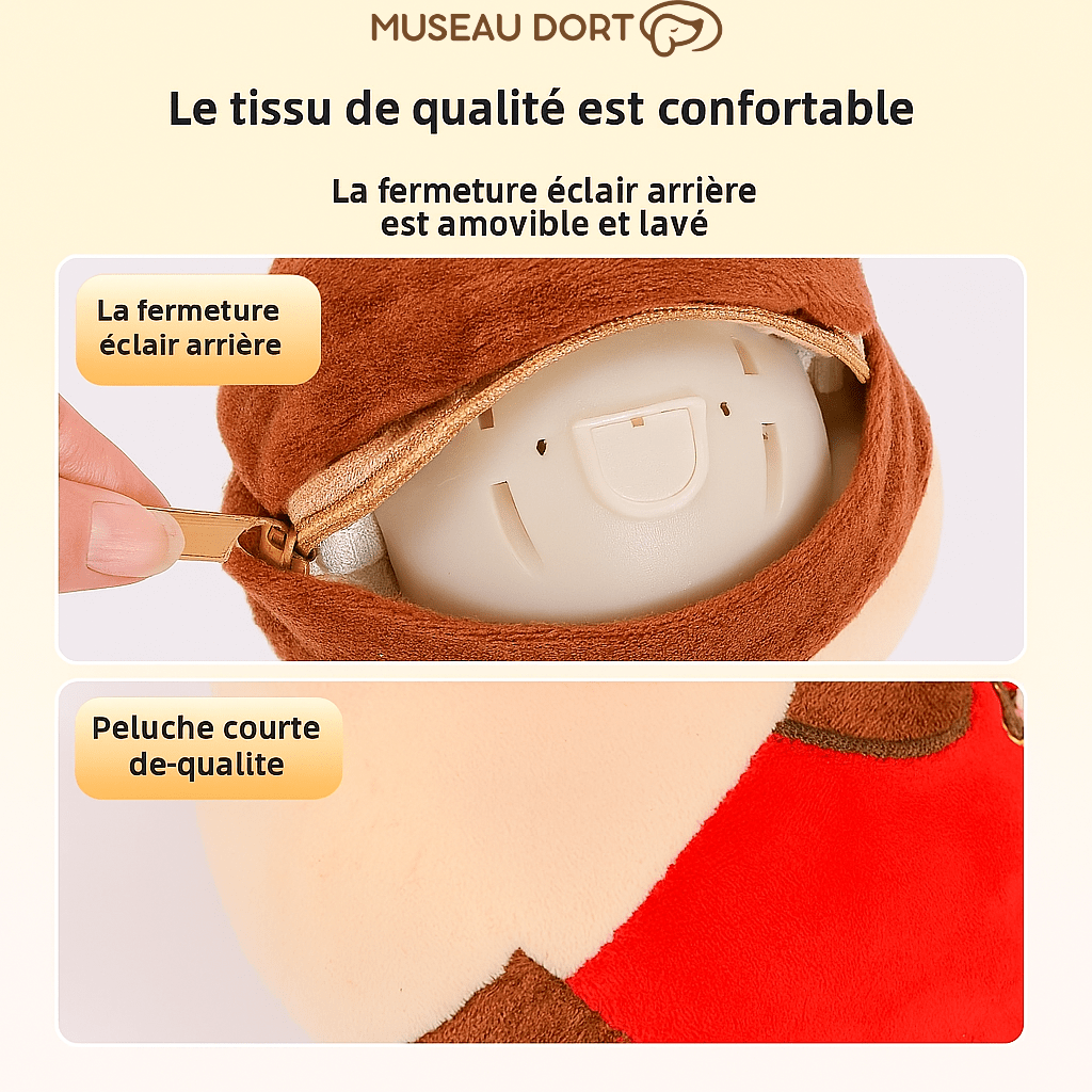 Fermeture éclair arrière amovible du jouet peluche Museau Dort, lavable et pratique. Peluche de qualité pour chien.