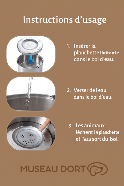 Instructions gamelle chien inox anti-éclaboussures avec disque flottant mode d’emploi Museau Dort