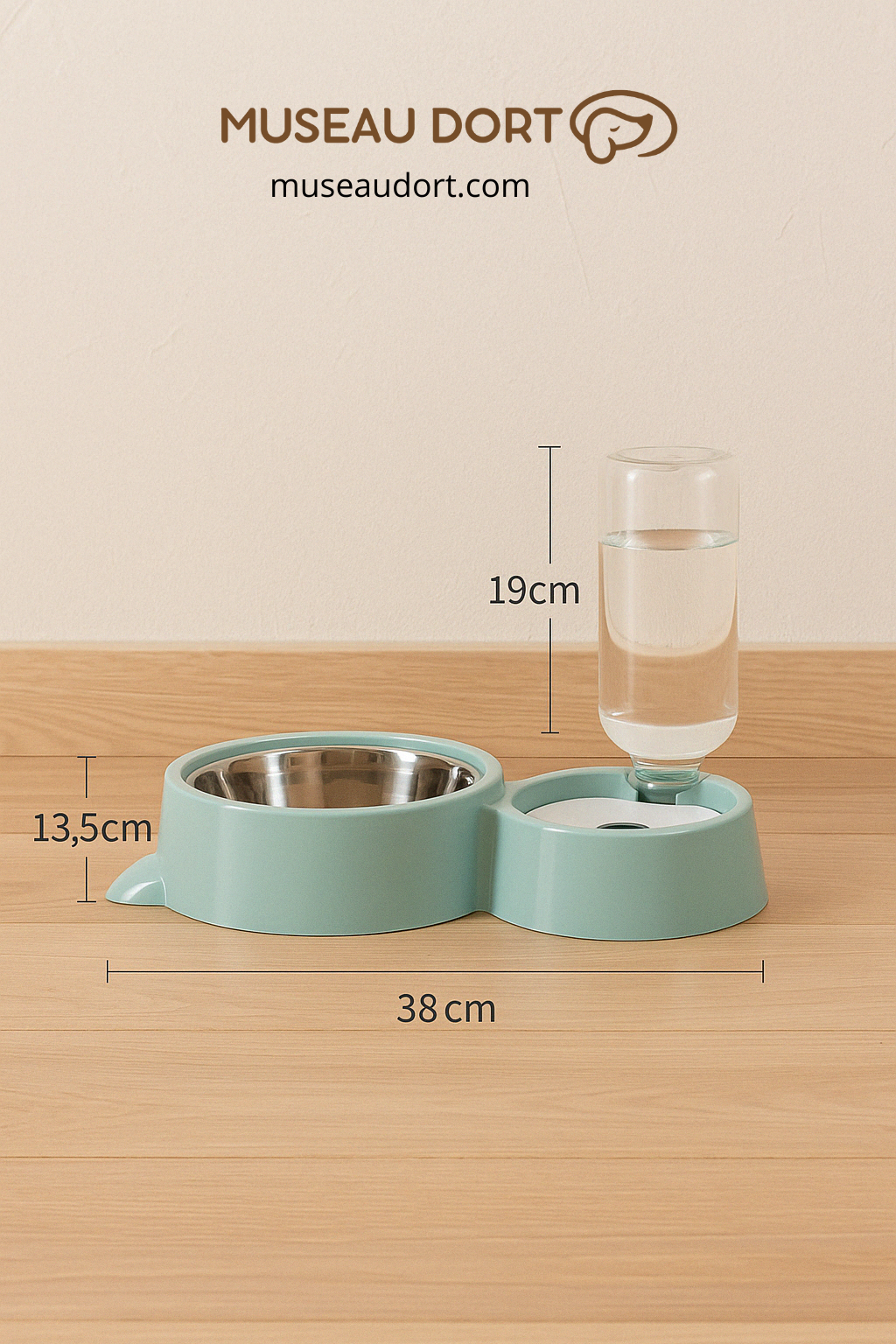 Gamelle pour chien avec eau automatique et bol à croquettes intégré, dimensions visibles 38 cm et réservoir 19 cm – Museau Dort