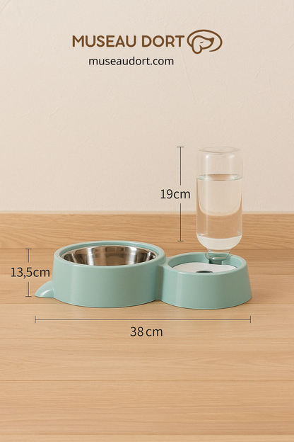 Gamelle pour chien avec eau automatique et bol à croquettes intégré, dimensions visibles 38 cm et réservoir 19 cm – Museau Dort