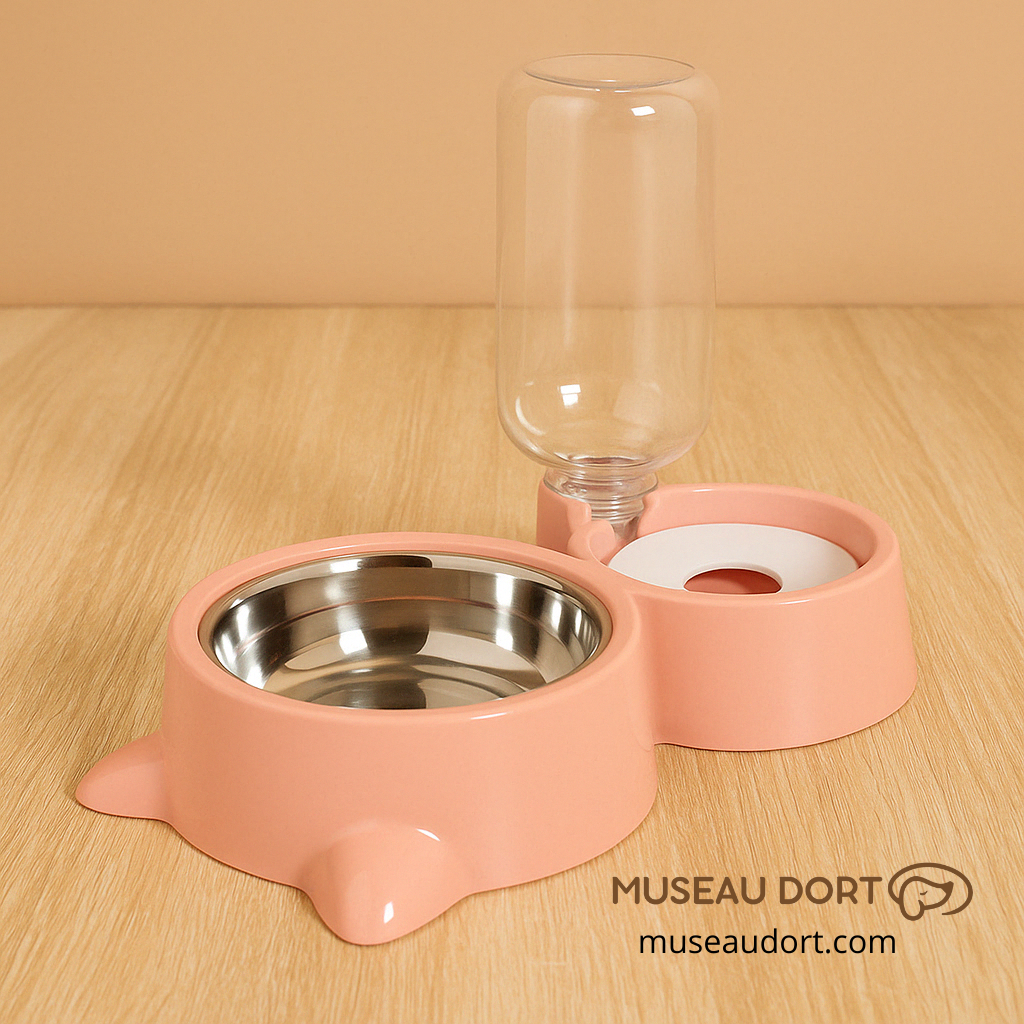 Gamelle pour chien avec eau automatique et bol à croquettes intégré, coloris rose, stable et pratique au quotidien – Museau Dort