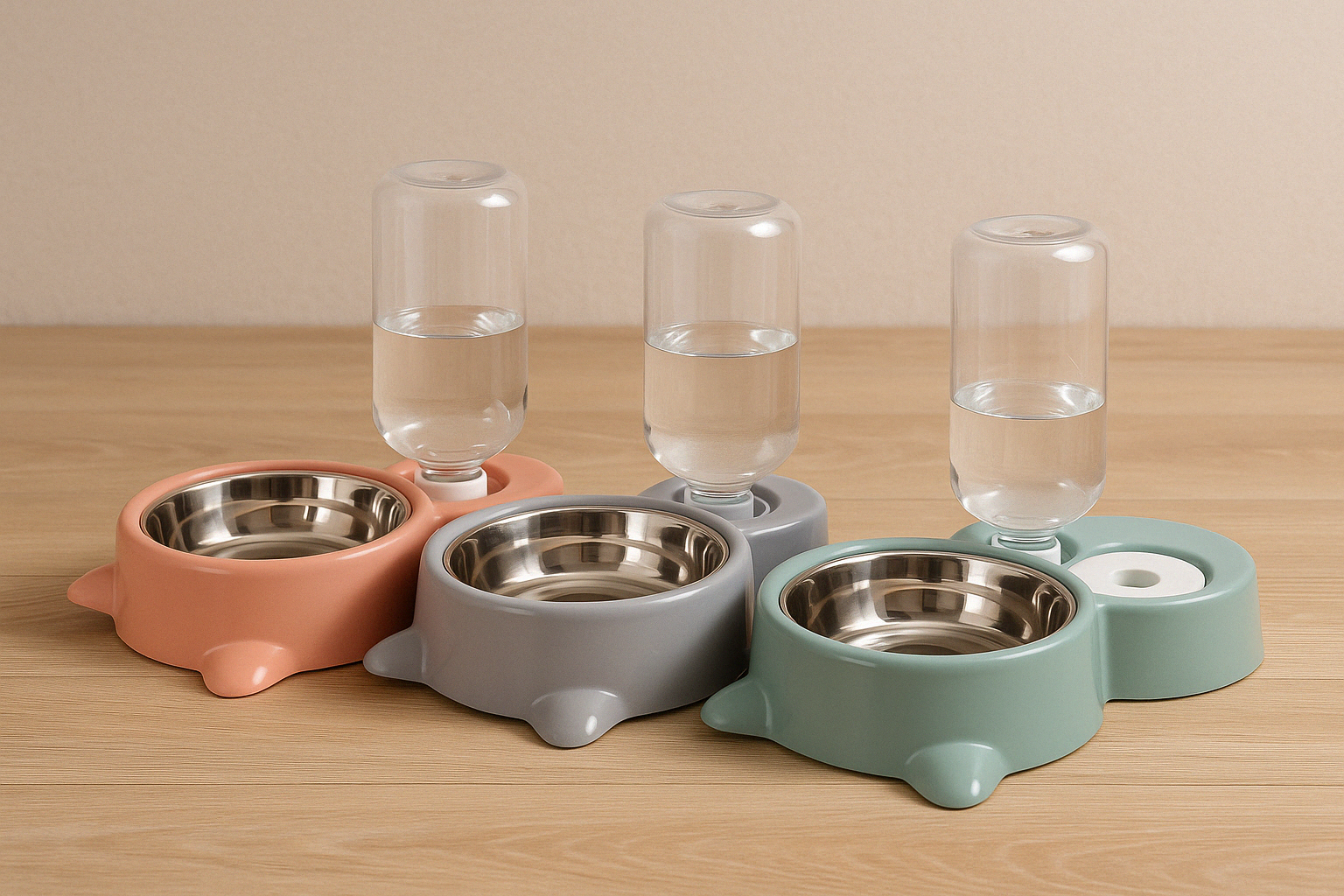 Trois gamelles pour chien avec distributeur d’eau automatique en rose, gris et vert pastel sur fond bois. Disponible chez Museau Dort.