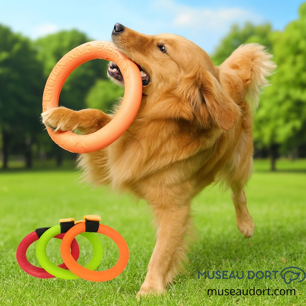 Chien golden retriever jouant avec un anneau interactif orange dans un parc estival, jouet pour chien en extérieur.
