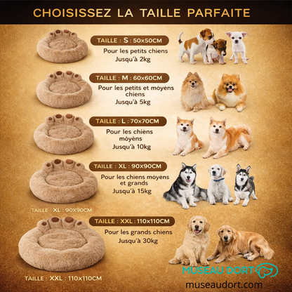 Guide des tailles panier pour chien design, dimensions S à XXL selon le poids du chien, aide au choix, Museau Dort