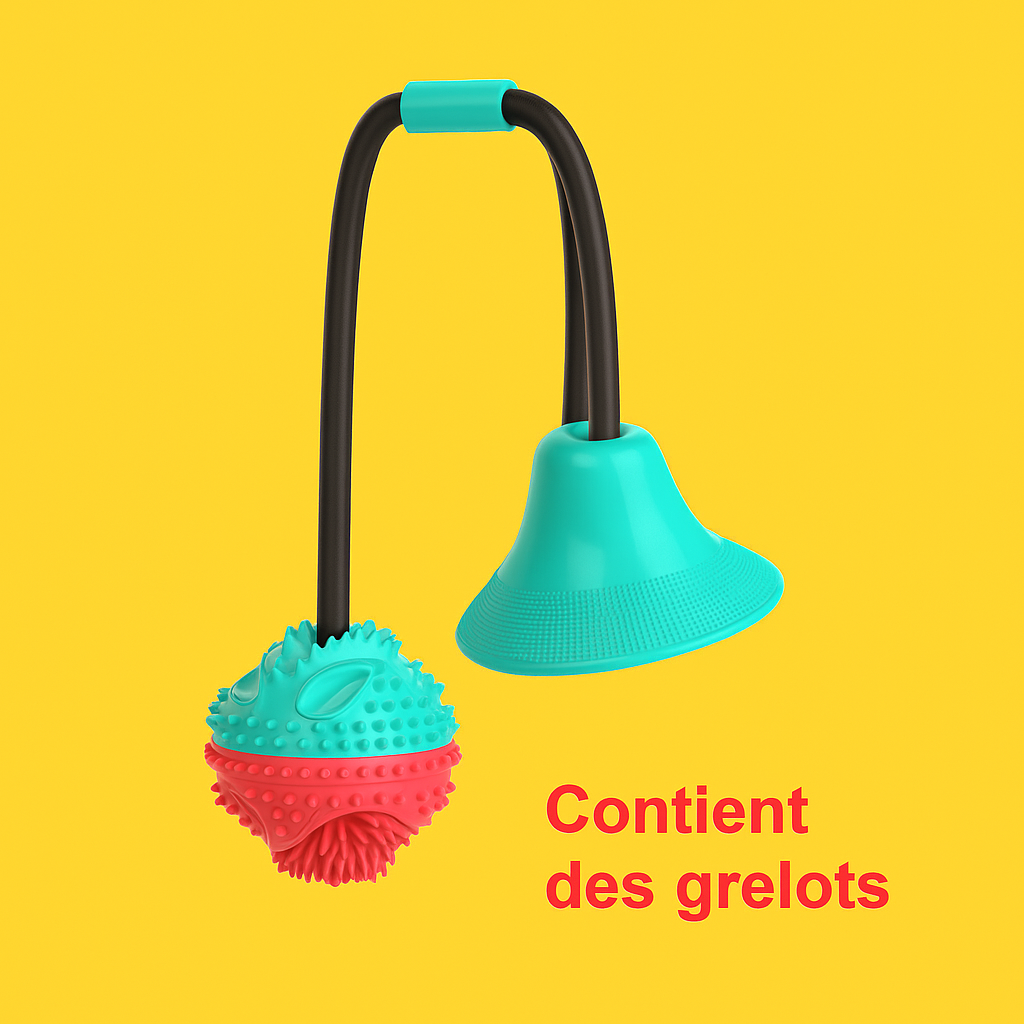 Jouet ventouse pour chien avec balle texturée rouge et turquoise contenant des grelots. Disponible chez Museau Dort.