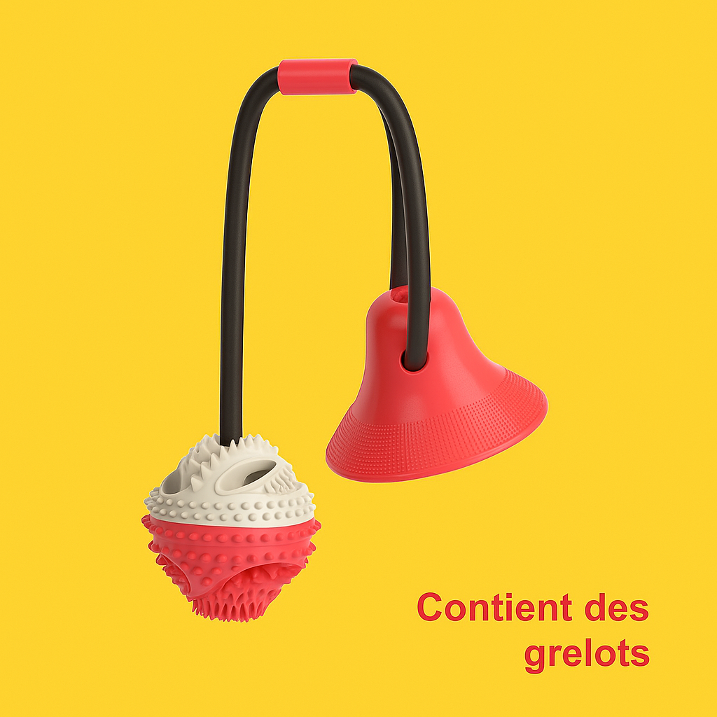 Jouet ventouse pour chien avec balle texturée rouge et blanche, contenant des grelots. Disponible chez Museau Dort.