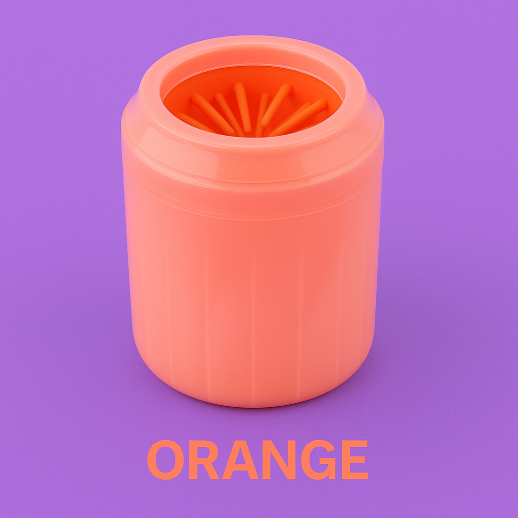 Lave-patte orange pour chien avec fond violet – modèle transparent. Disponible chez Museau Dort.
