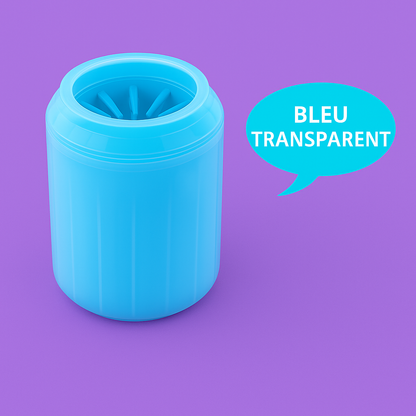 Lave-patte bleu transparent pour chien avec bulle de texte, fond violet contrasté – Disponible chez Museau Dort