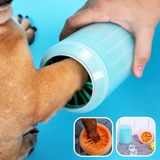 Nettoyage d’une patte de chien avec un lave-patte bleu, détails des variantes colorées – Disponible chez Museau Dort