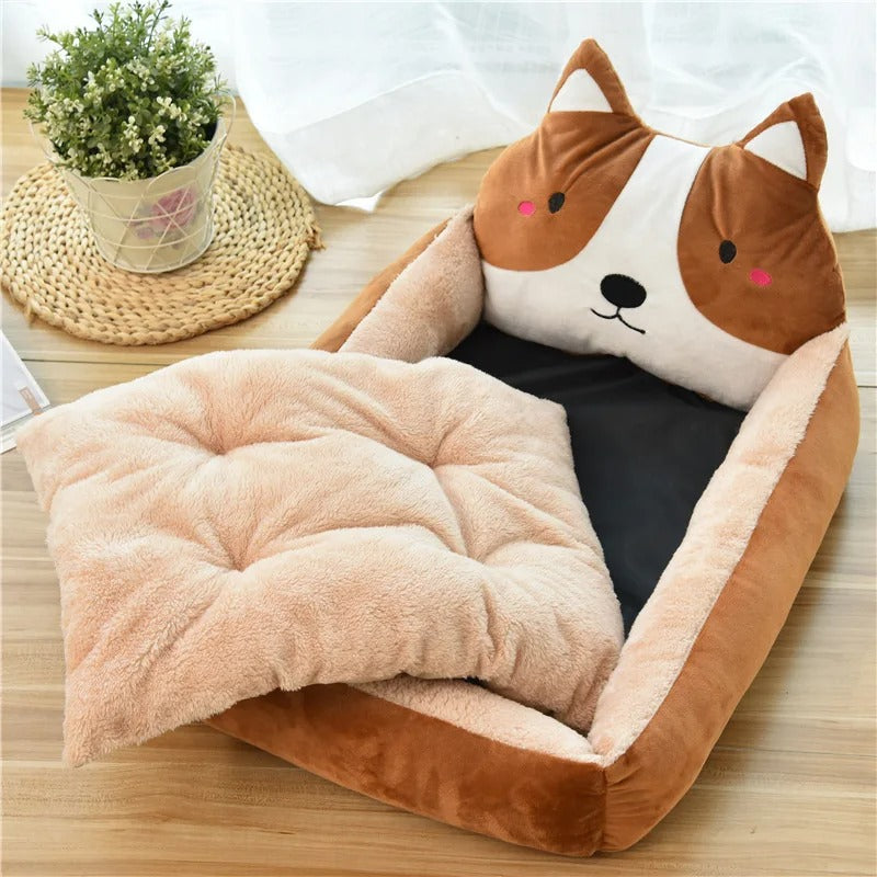 Lit pour chien marron avec coussin doux et dossier en forme de tête de chien stylisée