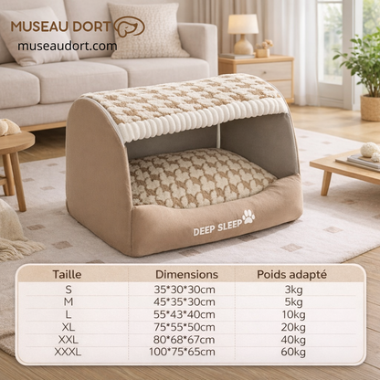 Niche pour chien d’intérieur Deep Sleep beige, couchage cocooning anti-froid en salon moderne, idéale pour chien sensible.