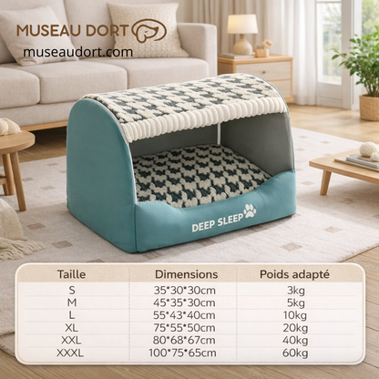 Niche pour chien d’intérieur Deep Sleep bleu, couchage cocooning anti-froid en salon moderne, idéale chien sensible.