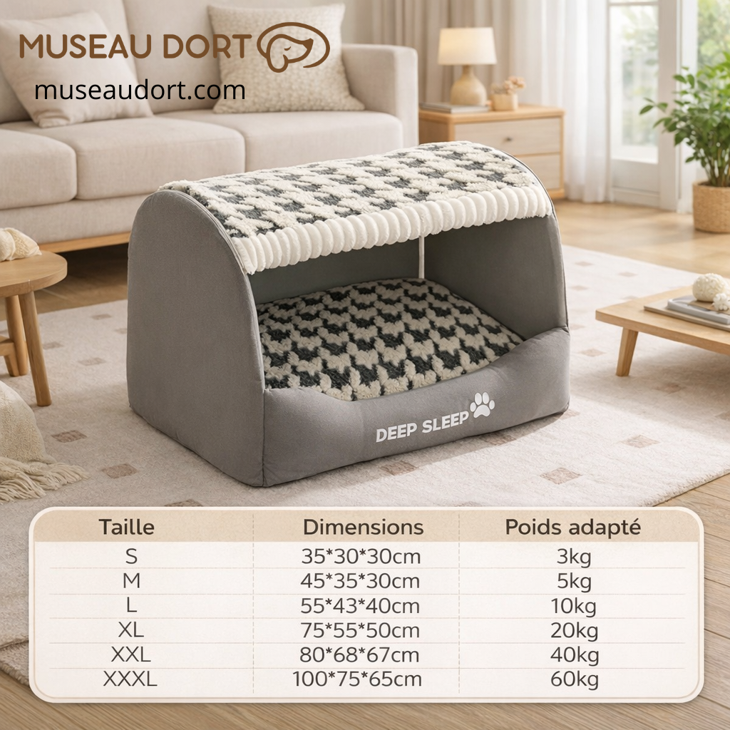 Niche pour chien d’intérieur design Deep Sleep, couchage cocooning anti-froid en salon moderne, idéale chien sensible.