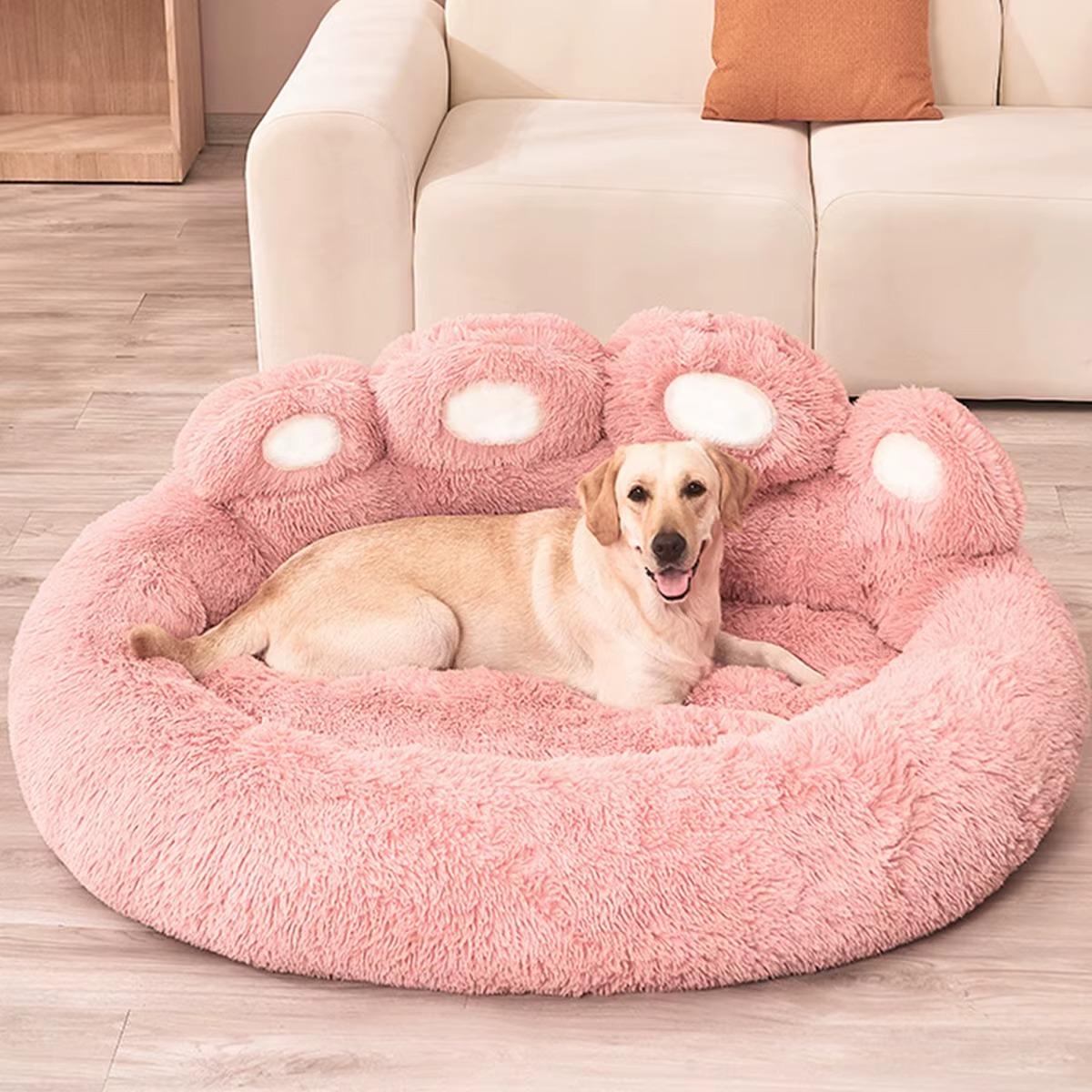 Panier pour chien design rose en forme de patte, moelleux et confortable, idéal pour le repos en intérieur, Museau Dort