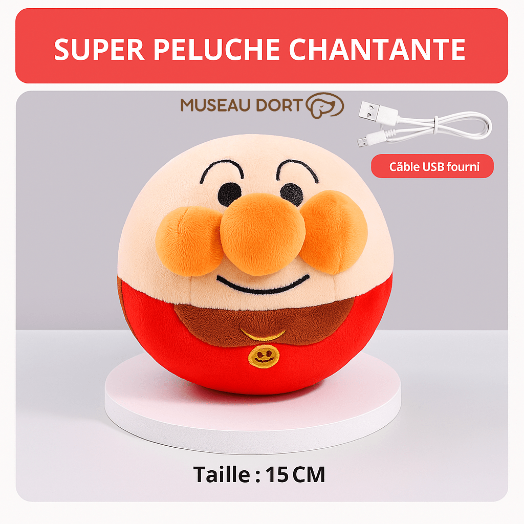 Peluche chantante interactive Museau Dort, taille 15 CM, avec câble USB fourni pour jouer et divertir votre chien.