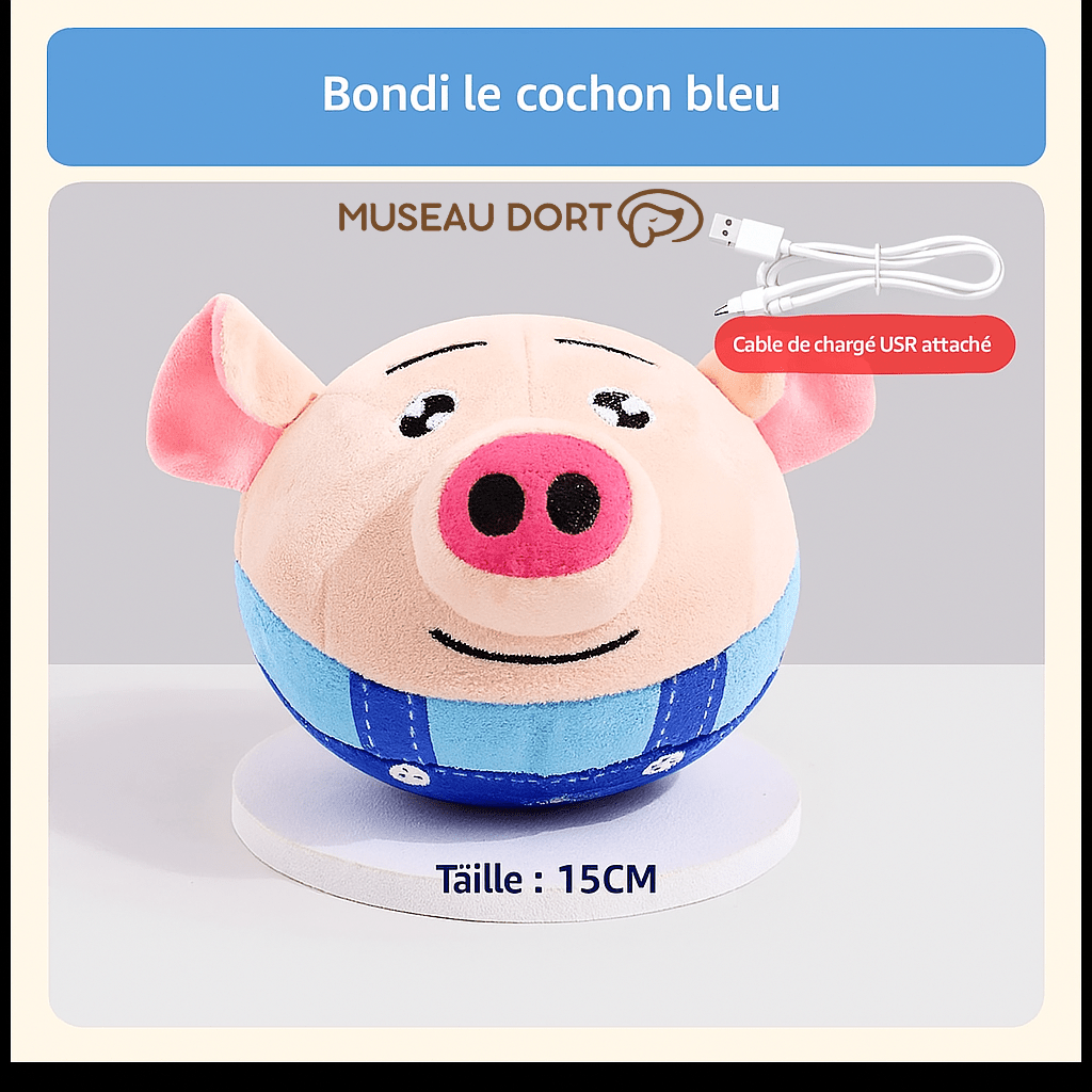 Peluche interactive chantante Museau Dort, cochon bleu avec câble USB attaché, taille 15CM, idéal pour divertir votre chien.