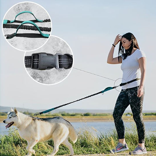 Femme en promenade au bord de l’eau avec un husky attaché à une laisse main libre ajustable. Disponible chez Museau Dort
