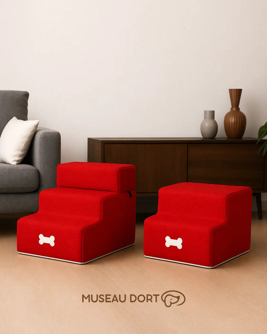Escaliers rouges 2 et 3 marches pour chien dans un salon moderne – Museau Dort