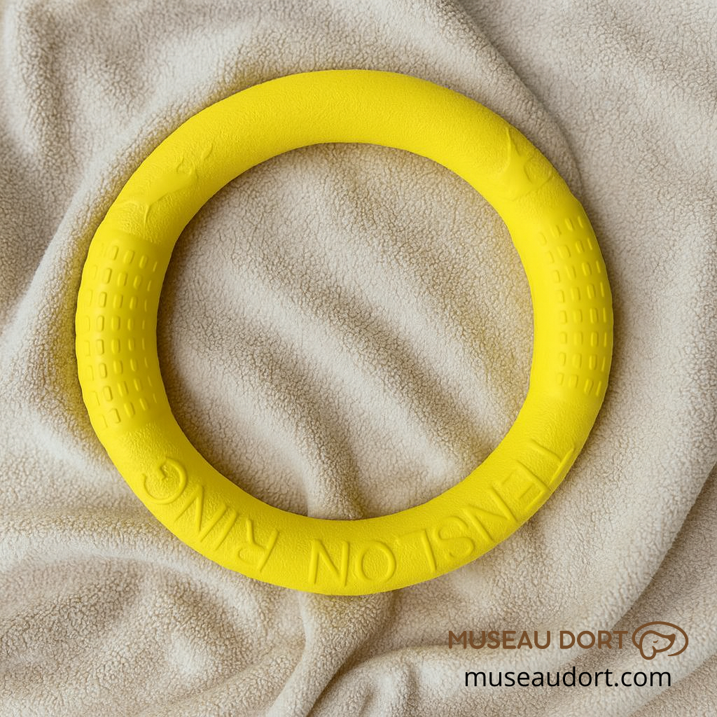Anneau jaune pour jouet interactif pour chien posé sur une couverture beige douce, idéal pour les jeux de lancer