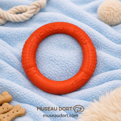 Anneau jouet interactif pour chien en caoutchouc orange posé sur une couverture bleu ciel douce, Museau Dort