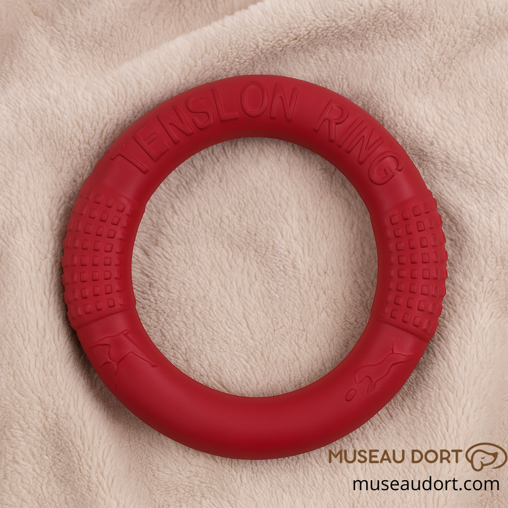 Anneau rouge pour jouet interactif pour chien posé sur une couverture beige douce, idéal pour jeux de lancer